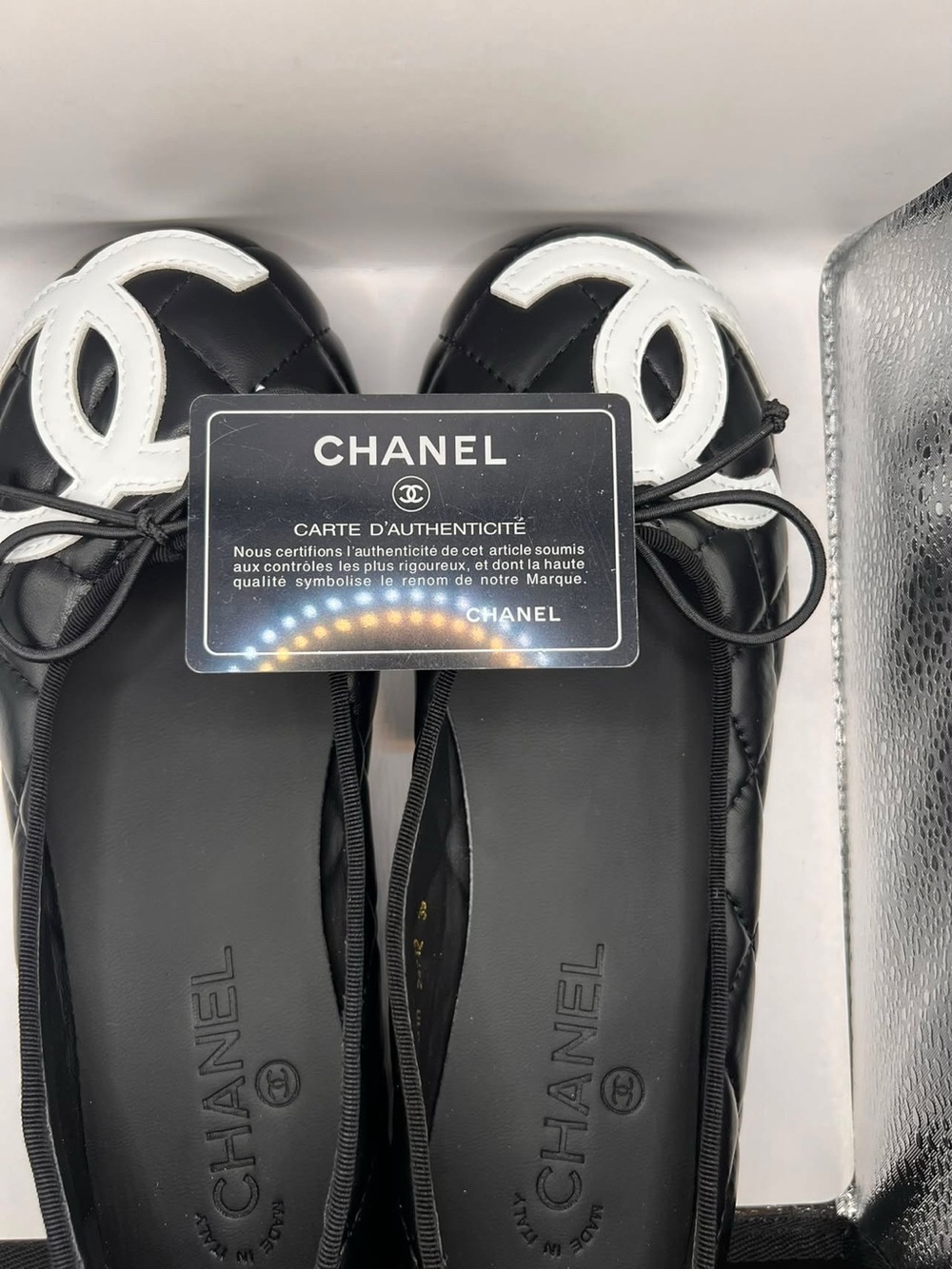 Black Quilted Leather Ballet Flats with White CC Logo - Picture 2 of 7